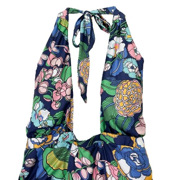 NEW ModCloth The Bethany One-Piece Swimsuit Size Large Navy Floral Plunge Halter - Picture 6 of 14
